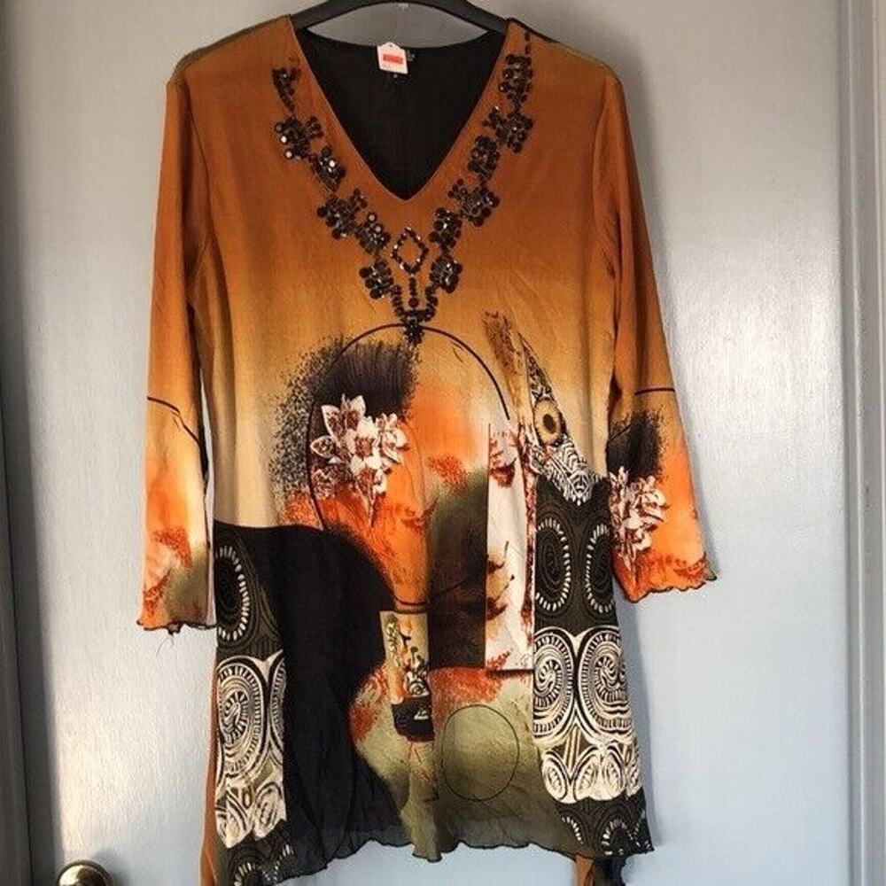 AZI Jeans lined Beaded Embellished Top XL long Sleeves gold black floral V neck